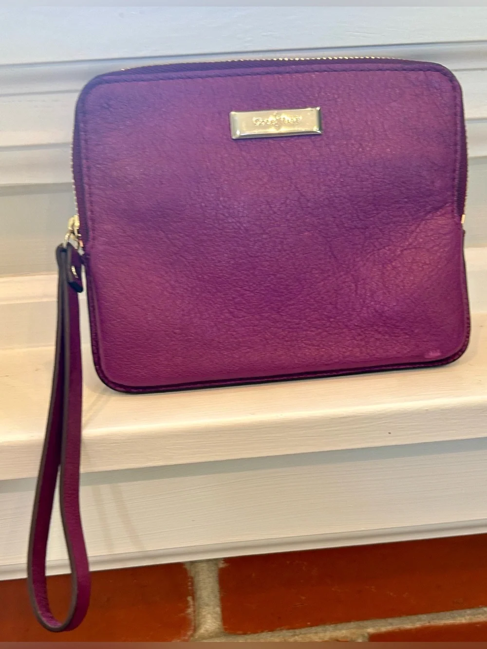 Cole Haan Deep Purple Pebbled Leather Wristlet Clutch Gold Logo Zip Pouch Womens